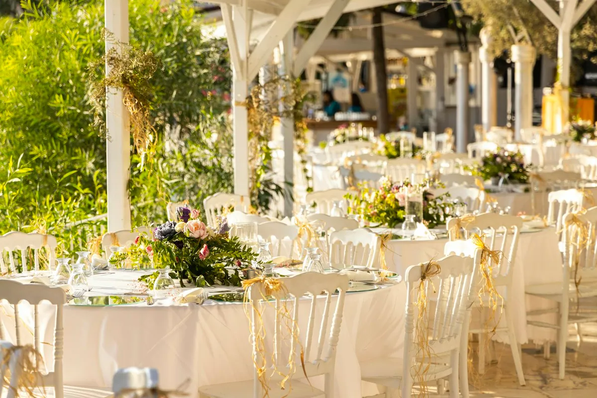 An outdoor table set for a celebration
